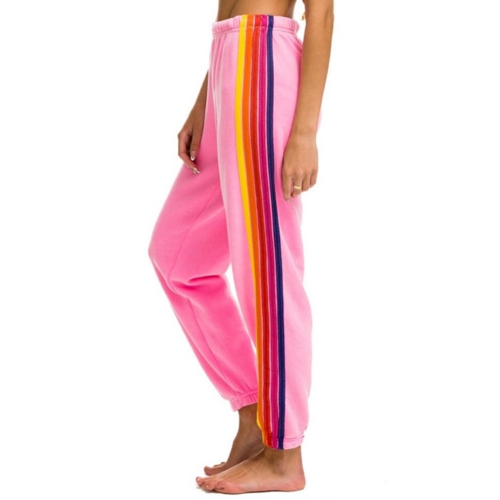 Aviator Nation 5-Stripe Sweatpants - Neon Pink w/ Pink Yellow Purple Stripes - M
